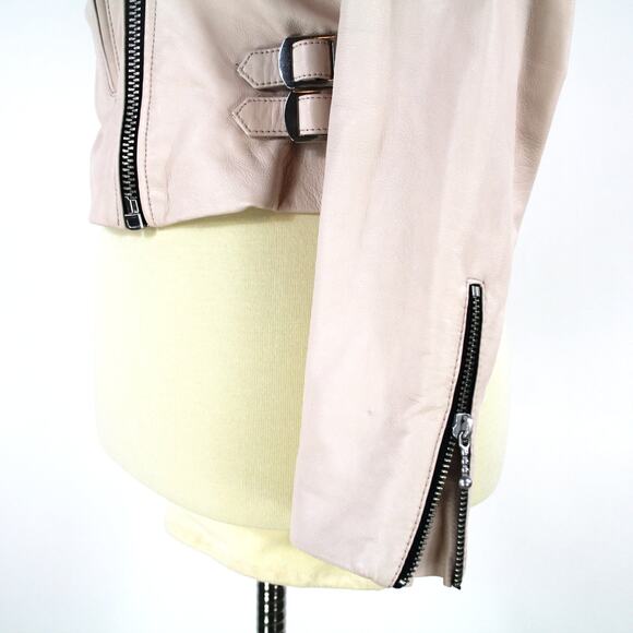 Allsaints Prescott Pink Smooth Lamb Leather Biker Jacket 4 Zip Cropped Moto 0 - Picture 5 of 8